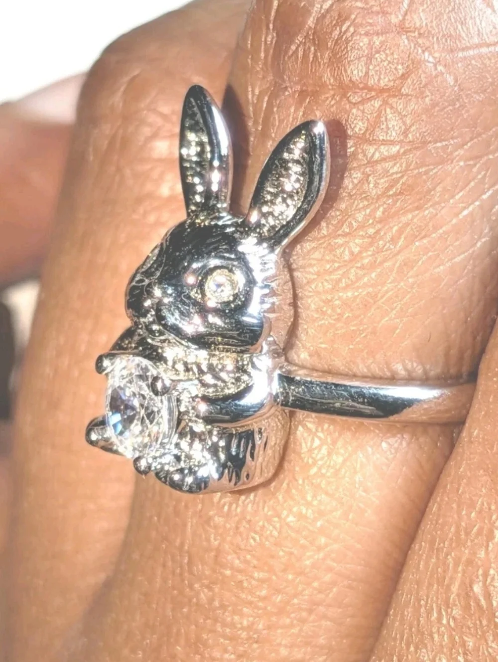 Women's Silver Plated Retro Rabbit Shaped Vintage Lab-Created Diamond Ring Sz 6